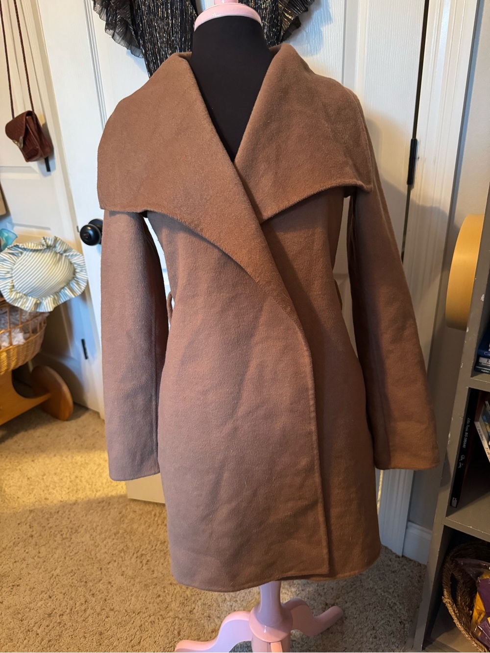 Tahari Camel Brown Wrap Trench Coat with Wide Shawl Collar